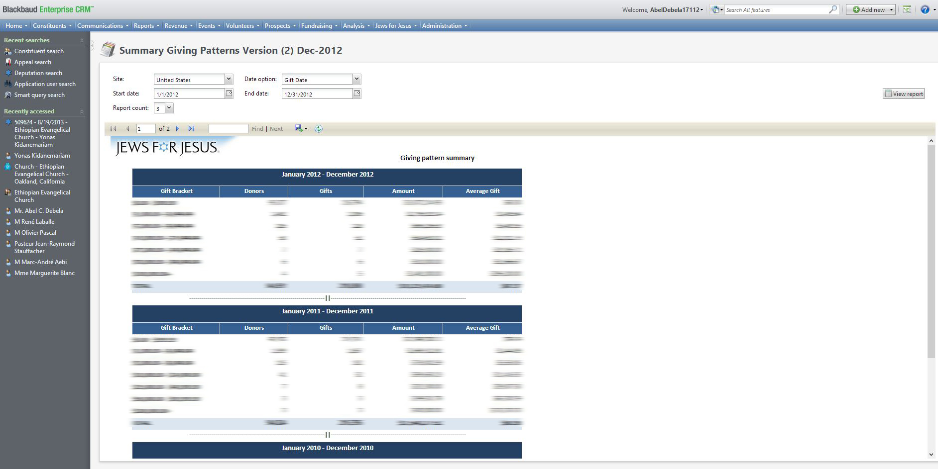 BBCRM Giving Pattern Report