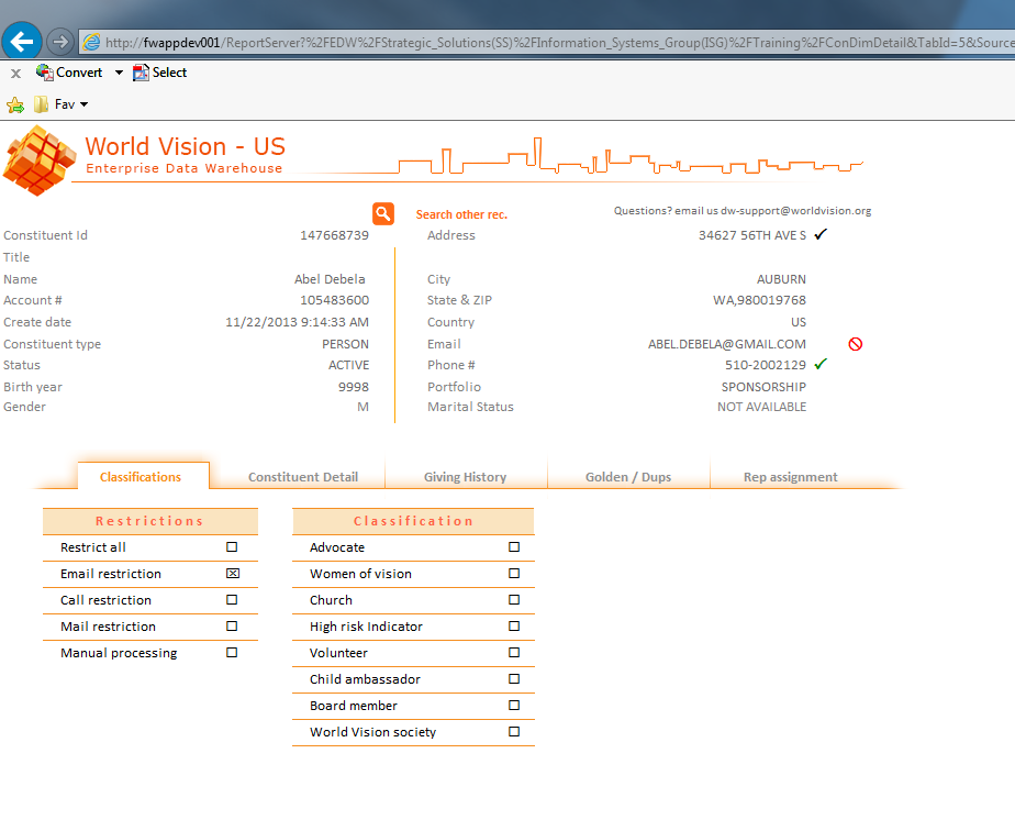 EDW Constituent Classification Tab