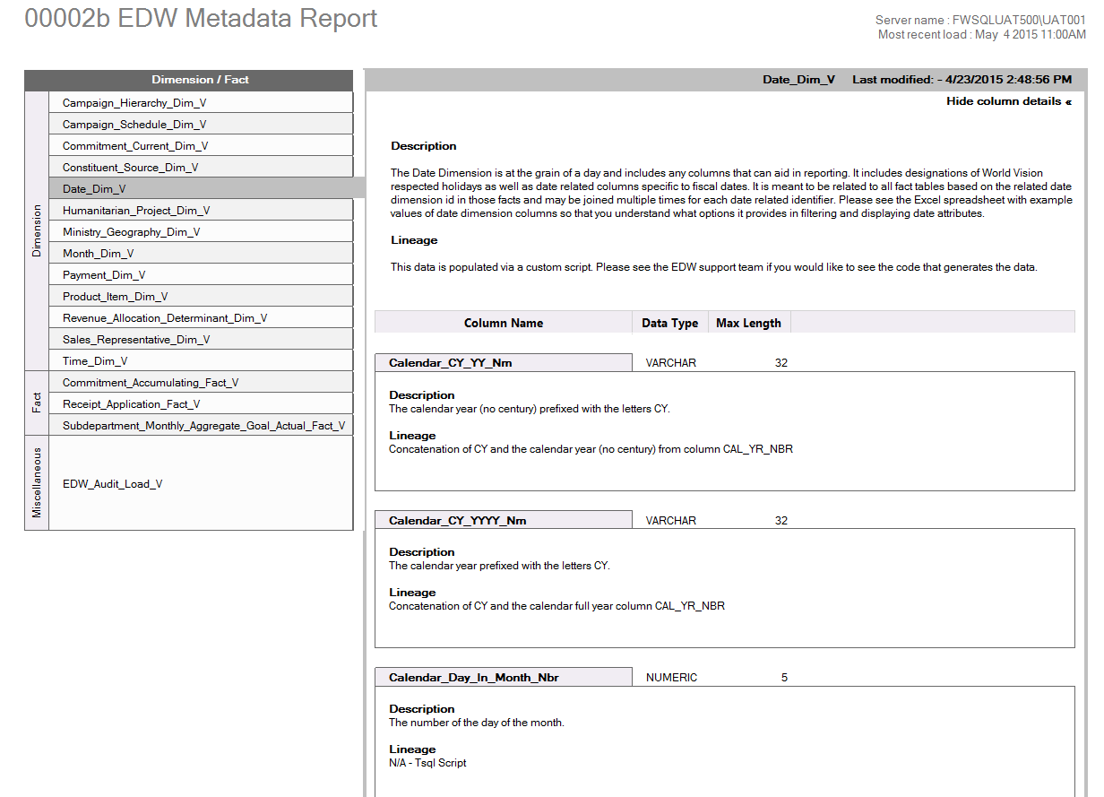 EDW Metadata