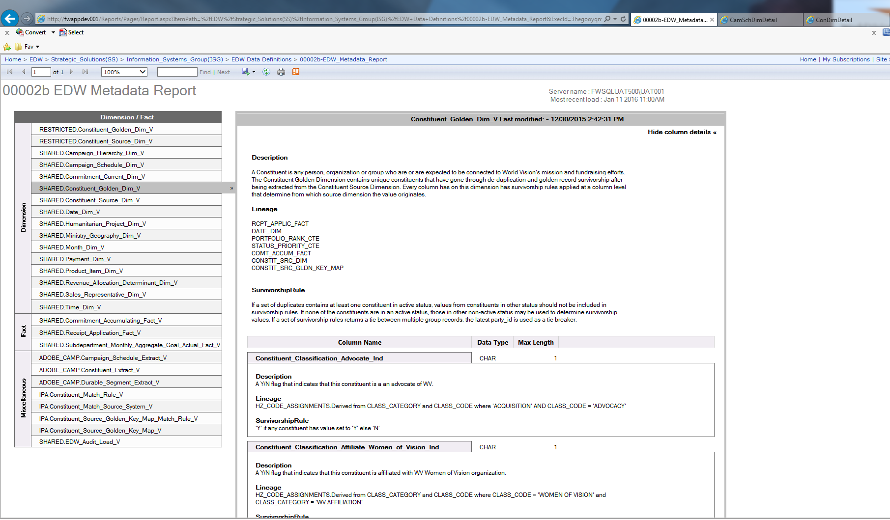 EDW Metadata Report