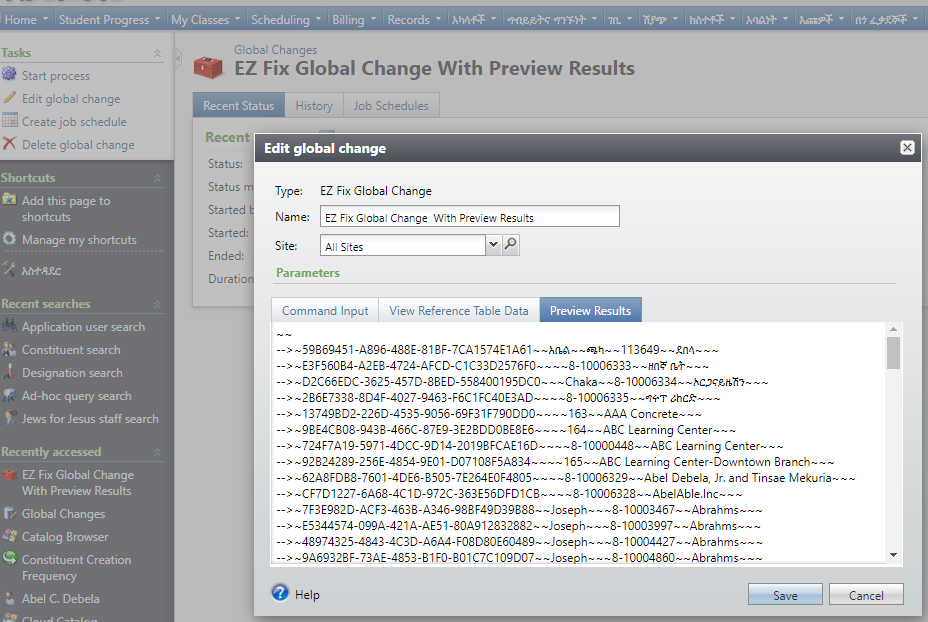 global change with Preview Results