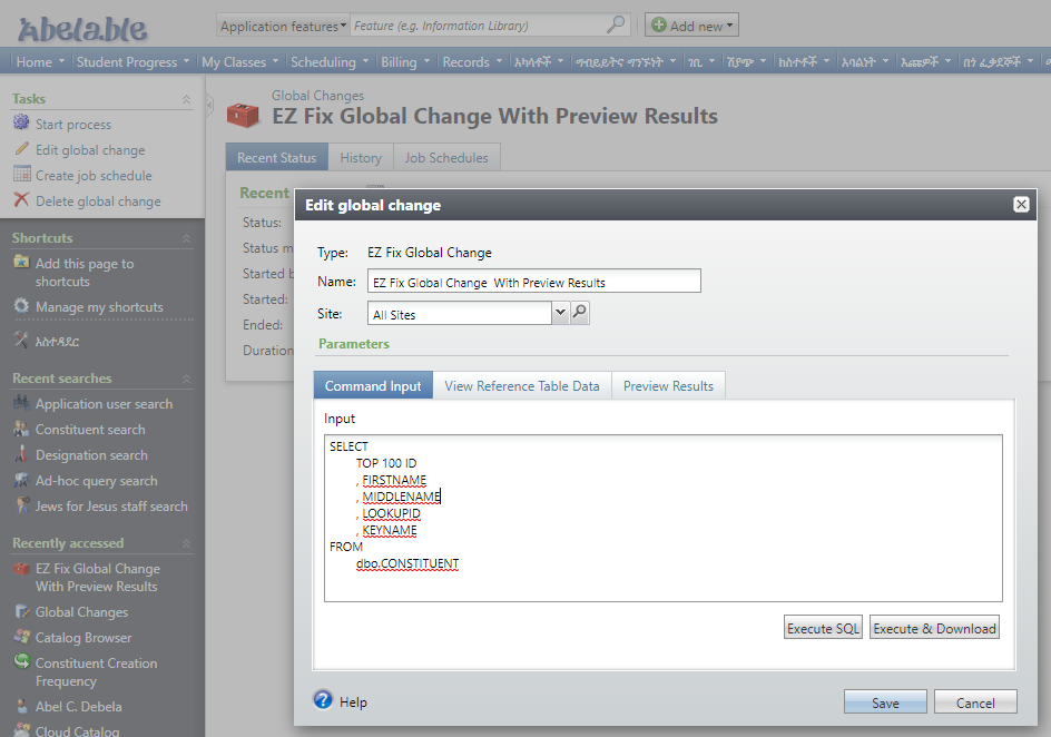 global change with Preview SQL Command